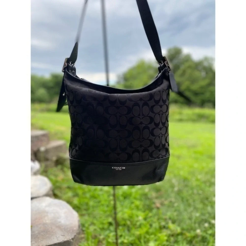 Coach Legacy Signature Duffle‎ Bag Black Jacquard Leather Shoulder Hobo Like New